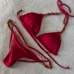 Red Gold-Chain Triangle Bikini Set - Women's Swim